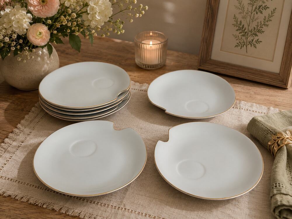 Vintage White Porcelain Gold Rim Set of 8 Mid-Century Luncheon Tea Plates